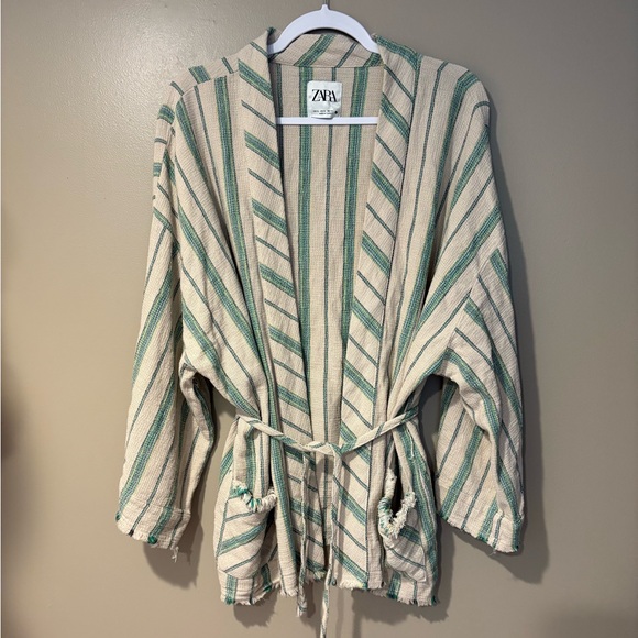 Zara the beth kimono boho slouchy earthy 100% cotton belted flare sleeve blazer - Picture 2 of 7